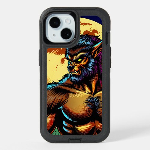 Comic Book Style Werewolf in Front of Full Moon iPhone 15 Case