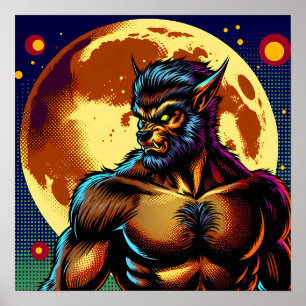 Comic Book Style Werewolf in Front of Full Moon Poster