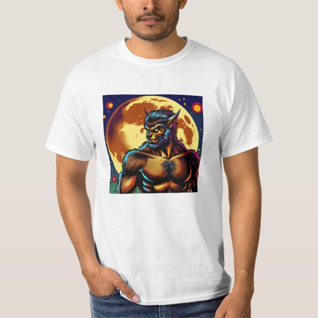 Comic Book Style Werewolf in Front of Full Moon T-Shirt (Front)