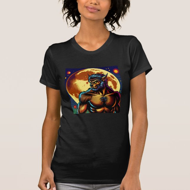 Comic Book Style Werewolf in Front of Full Moon T-Shirt (Front)
