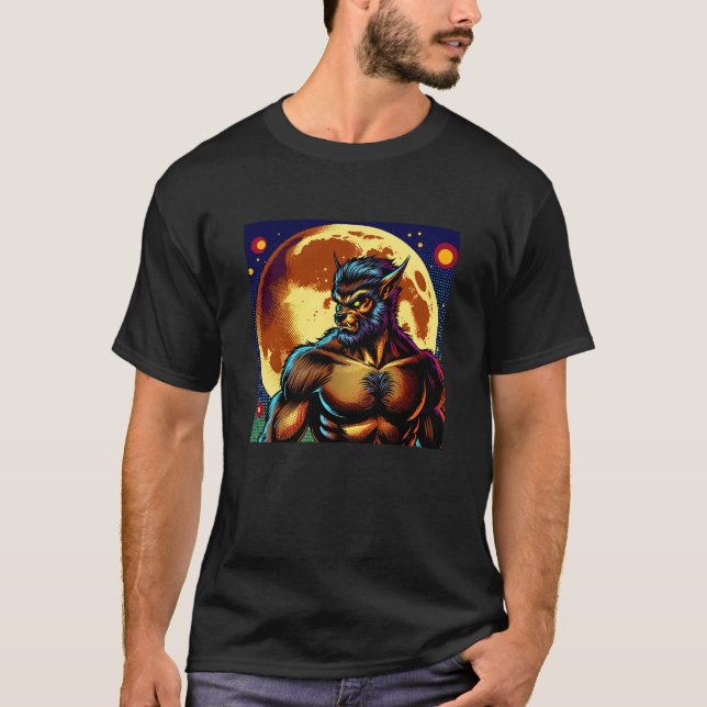 Comic Book Style Werewolf in Front of Full Moon T-Shirt (Front)