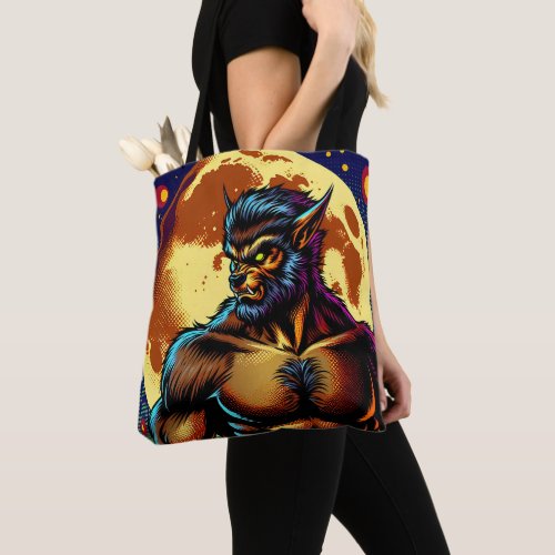 Comic Book Style Werewolf in Front of Full Moon Tote Bag