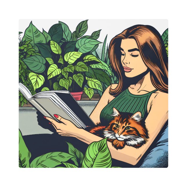 Comic Book Style Woman, Cat and Book Metal Print (Front)