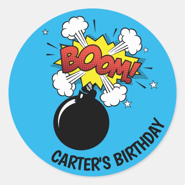 Comic Book Super Hero Birthday Boom Bomb Classic Round Sticker (Front)