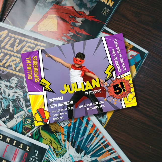 Comic Book Superhero 5th Boys Birthday Invitation (Creator Uploaded)