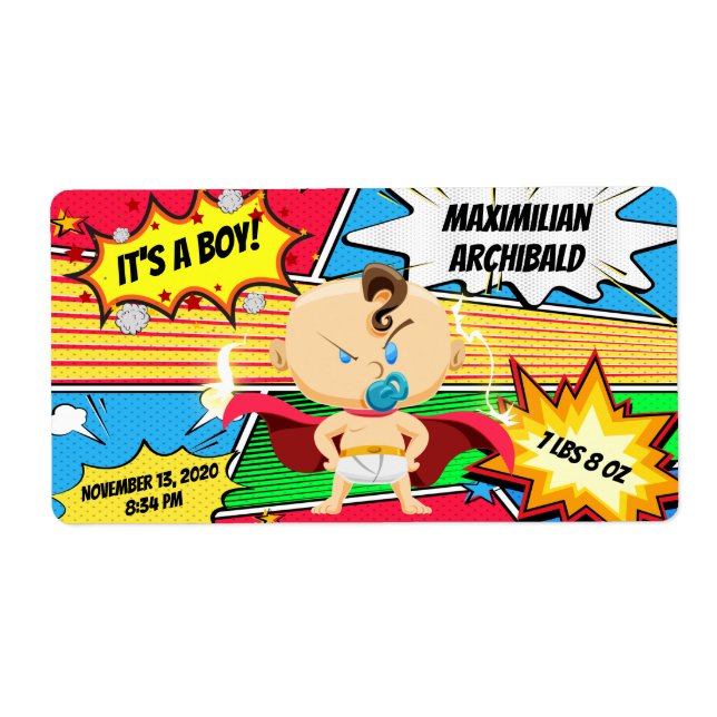 Comic Book Superhero Birth Announcement Label (Front)