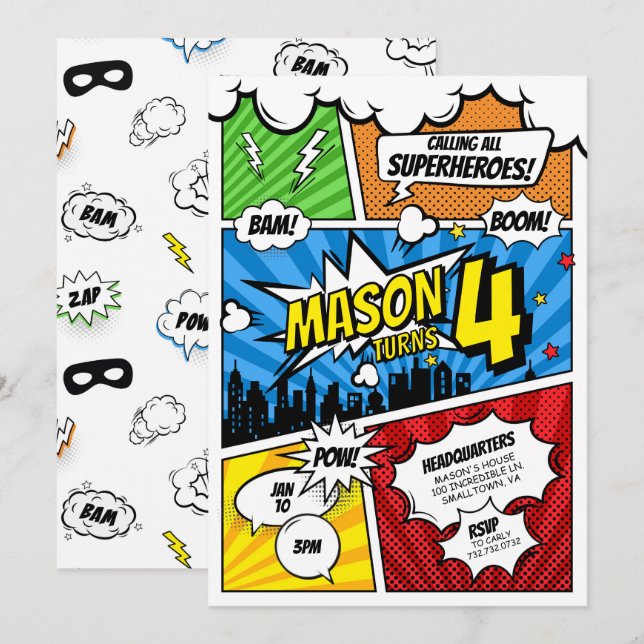 Comic Book Superhero Birthday Invitation (Front/Back)