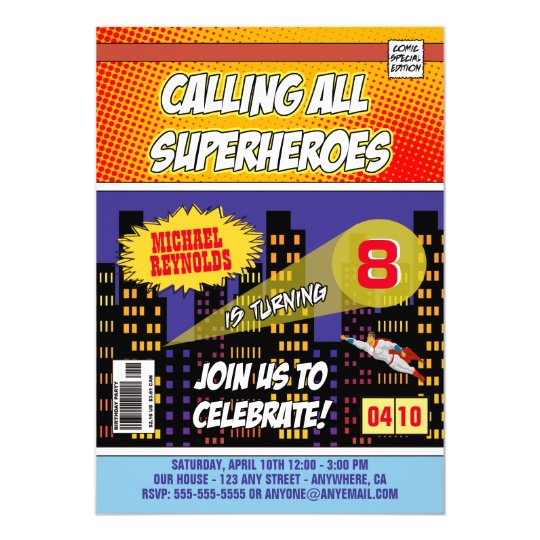 comic book superhero birthday invitations zazzle com