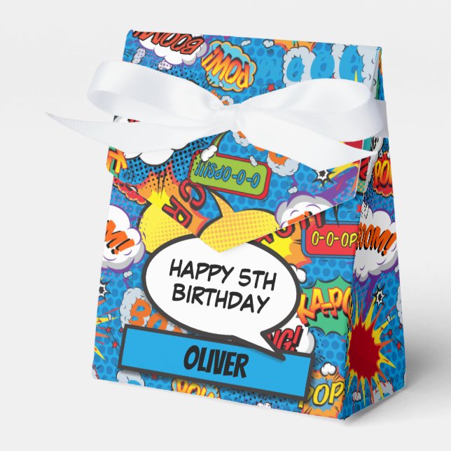 Comic Book Superhero Birthday Party Blue Favor Boxes (Front Side)