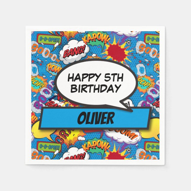 Comic Book Superhero Birthday Party Blue Napkins (Front)