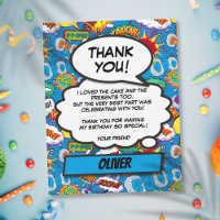 Comic Book Superhero Birthday Party Blue Thank You