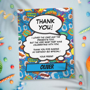 Comic Book Superhero Birthday Party Blue Thank You Card
