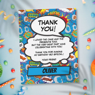 Comic Book Superhero Birthday Party Blue Thank You Card