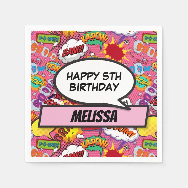 Comic Book Superhero Birthday Party Pink Napkins (Front)