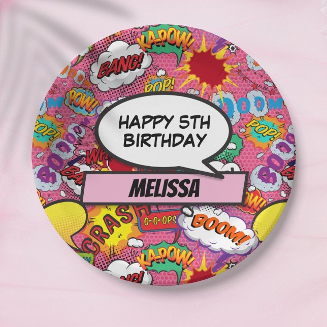 Comic Book Superhero Birthday Party Pink Paper Plates (Creator Uploaded)
