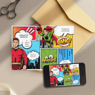 Comic book superhero boy baby shower invitation