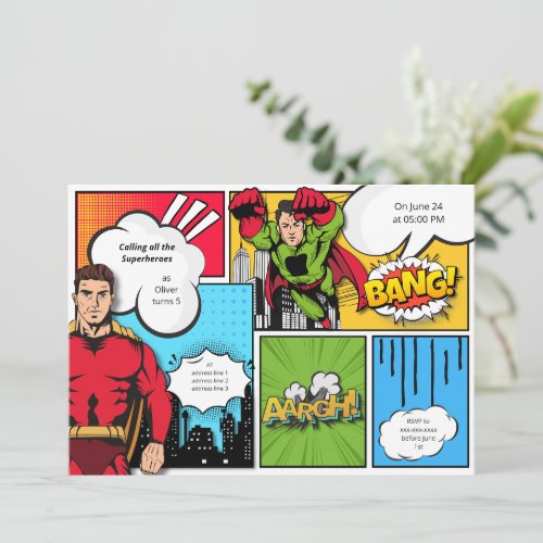 Comic book superhero boy birthday  invitation