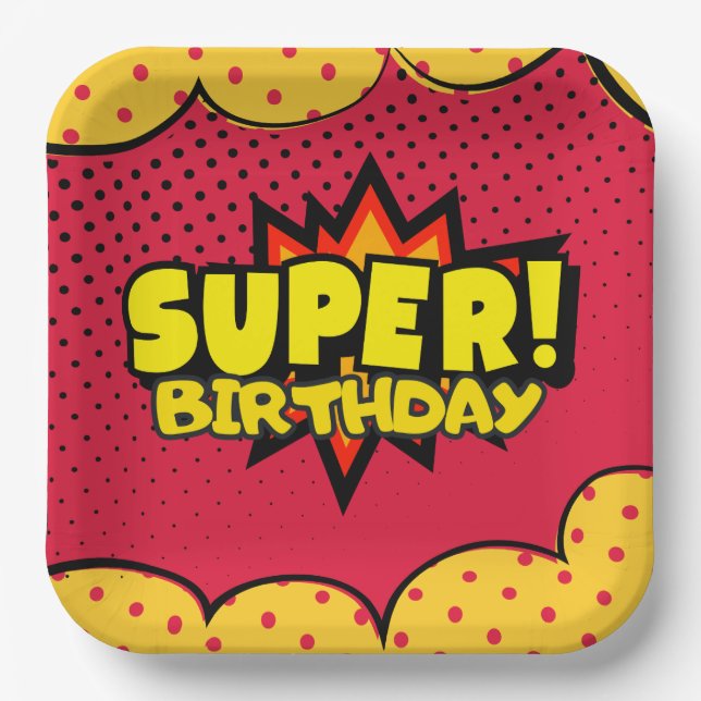 Comic book superhero boy birthday  paper plates (Front)