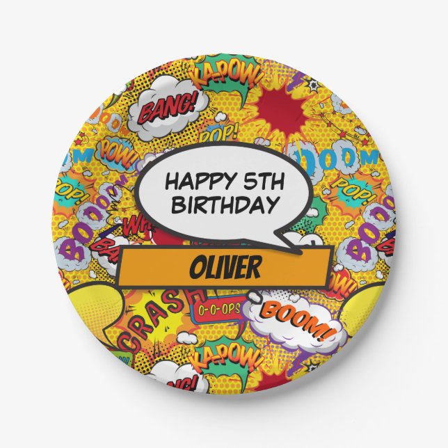 Comic Book Superhero Custom Birthday Party Paper Plates (Front)