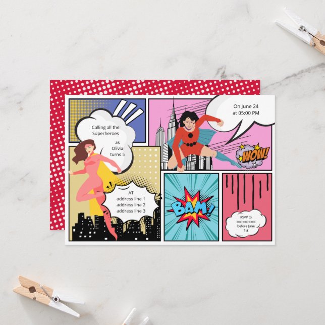 Comic book superhero girl birthday  invitation (Front/Back In Situ)