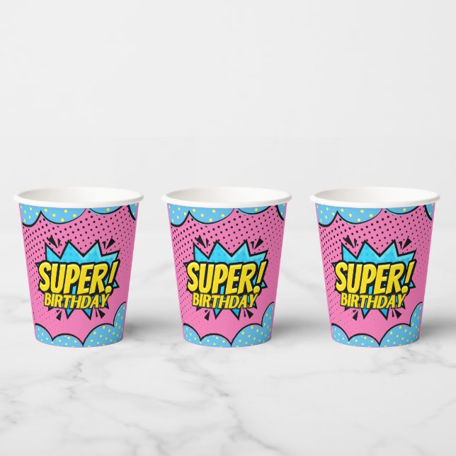 Comic book superhero girl birthday  paper cups (Multi)