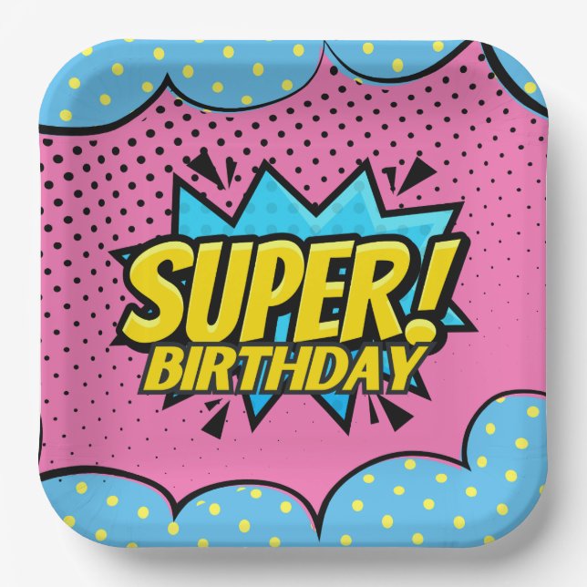 Comic book superhero girl birthday  paper plates (Front)