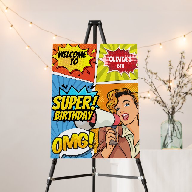 Comic book superhero girl birthday welcome sign (In Situ (Stand))