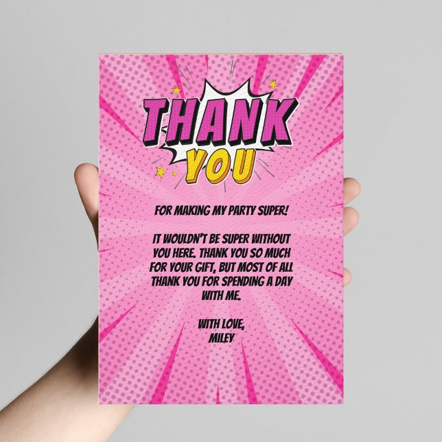 Comic Book Superhero Girl Pink Birthday Thank You (Superhero Comic Book Girl's Birthday Thank you Card)