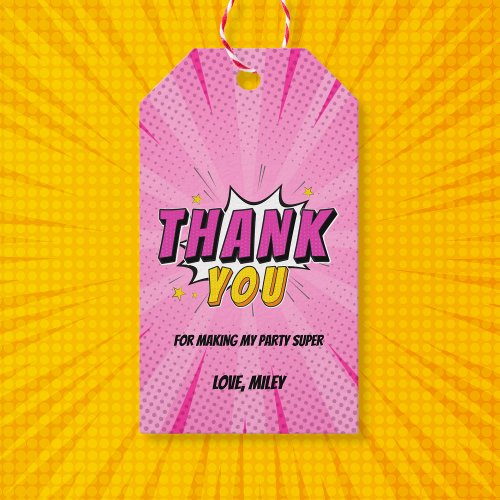 Comic Book Superhero Girl Pink Birthday Thank You Gift Tags