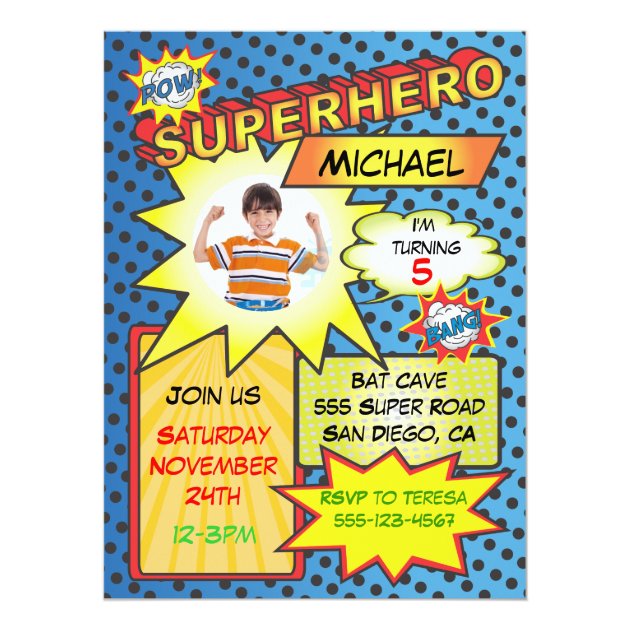 Comic Book Superhero Photo Insert Birthday Party Card