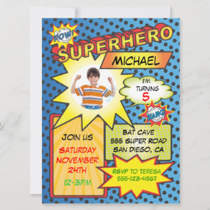 Comic Book Superhero Photo Insert Birthday Party Invitation