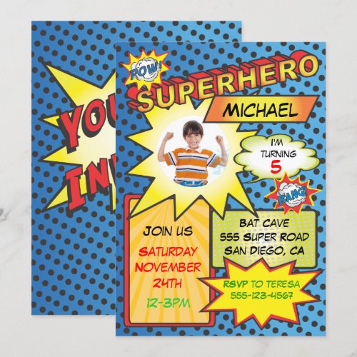 Comic Book Superhero Photo Insert Birthday Party Custom Invitation
