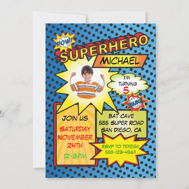 Comic Book Superhero Photo Insert Birthday Party Invitation (Front)