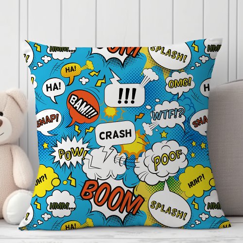 Comic Book Superhero Speech Bubble Pattern Throw Pillow