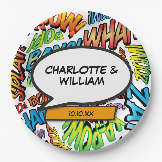 Comic Book Superhero Trendy Typographic Paper Plates (Front)
