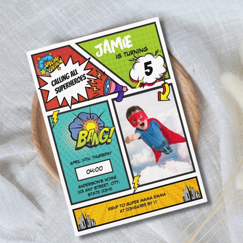 Comic Book Superhero Unique Boys Photo Birthday  Invitation