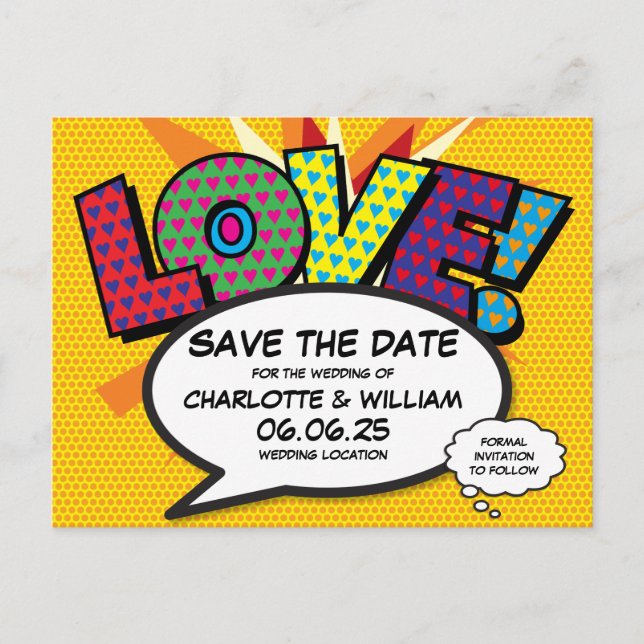 Comic Book Theme Wedding Save the Date Announcement Postcard (Front)