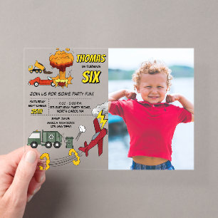 Comic Book Trucks Cars Vehicles Airplanes Birthday Acrylic Invitations