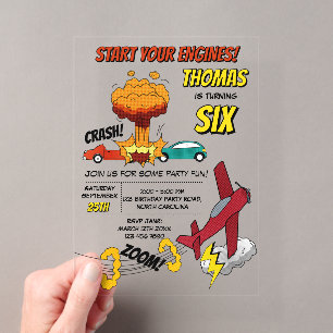Comic Book Trucks Cars Vehicles Airplanes Birthday Acrylic Invitations