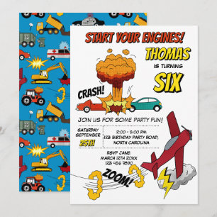 Comic Book Trucks Cars Vehicles Airplanes Birthday Invitation
