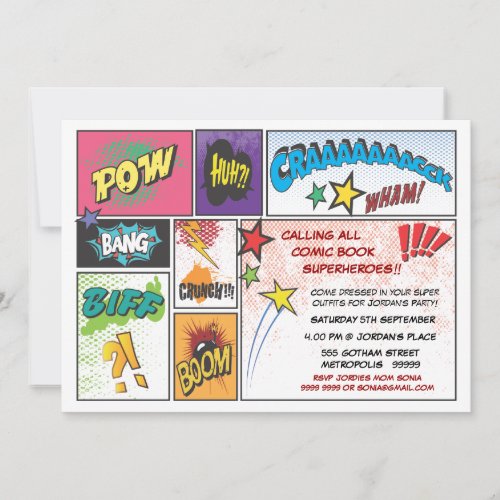 Comic Book Typography Boys Birthday Party Invite