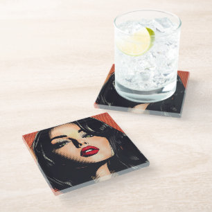 Comic Book Woman Green Eyes Retro Ben-Day Dots Glass Coaster