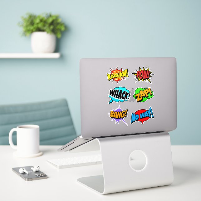Comic Book Words Sticker (Laptop On Desk)