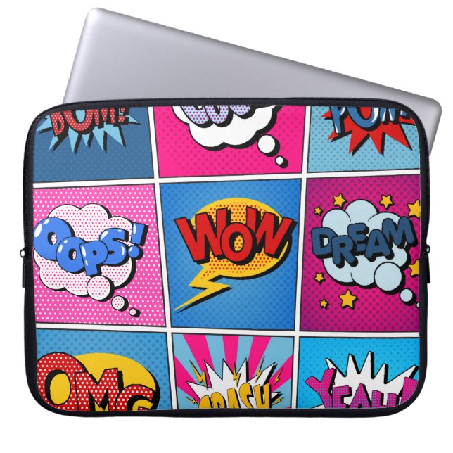 Comic Bubbles Set. Expressions Bom, Cool, Pow, Oop Laptop Sleeve (Front)