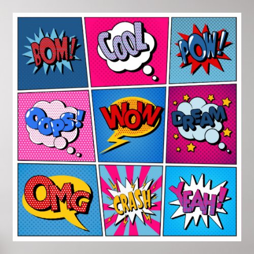 Comic Bubbles Set Expressions Bom Cool Pow Oop Poster