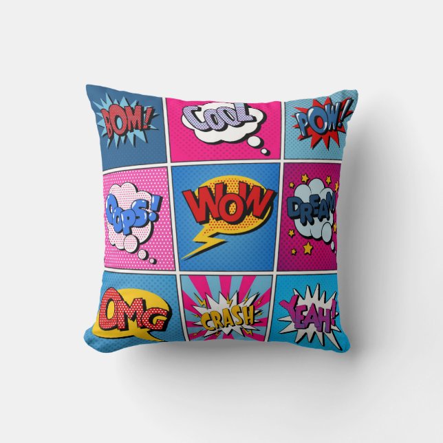 Comic Bubbles Set. Expressions Bom, Cool, Pow, Oop Throw Pillow (Front)