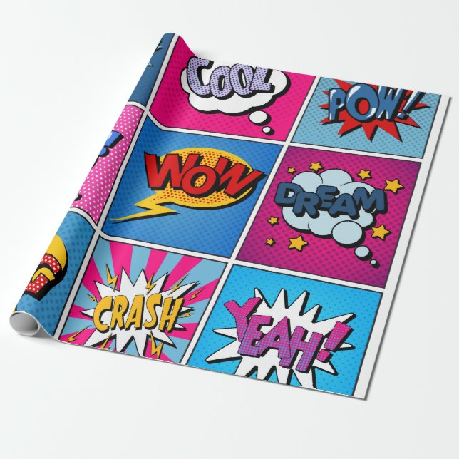 Comic Bubbles Set. Expressions Bom, Cool, Pow, Oop Wrapping Paper (Unrolled)