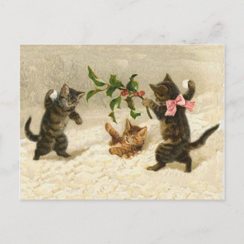 comic cats cat snowball fight Vintage Christmas Holiday Postcard