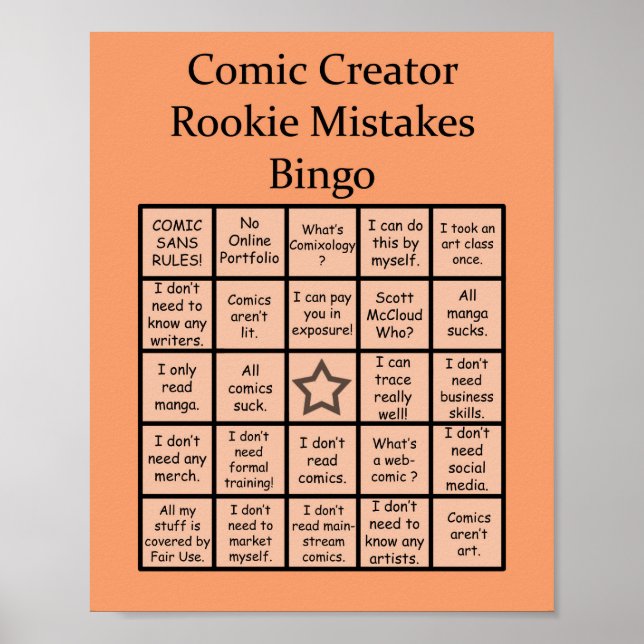 Comic Creator Rookie Mistakes Bingo Poster (Front)