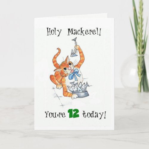 Comic Ginger Cat Holy Mackerel 12th Birthday Card